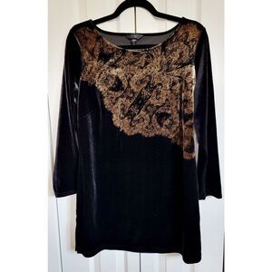 Soma Intimates M Black Gold Shirt Velvet Velour Round Neck L/S Side Slits